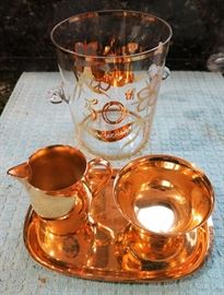 Gold plated creamer & sugar on tray, 50th Anniversary ice bucket