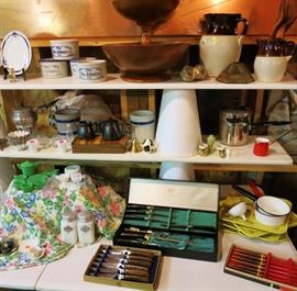 Vintage kitchen items (butter crocks, knife sets, enamel ware, vintage Akro Agate child's dishes, salt & pepper)