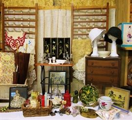 Vintage miniature screen, Sewing cabinet, Avon, Buttons, Linens, hats, etc.