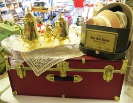Trunk, Gold plated tea/coffee set, vintage hats & hat box
