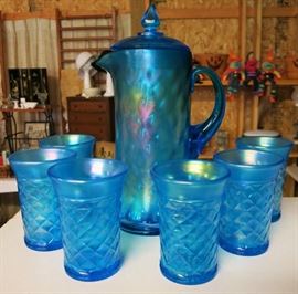 Antique blue satin glass pitcher & 6 glasses