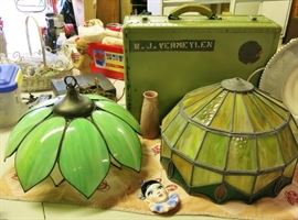 Vintage slag glass lamp fixtures, vintage suitcase, Art pottery vase