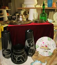 Vintage glass, silverplate butter dish, crackle glass, ceramic vases porcelain items