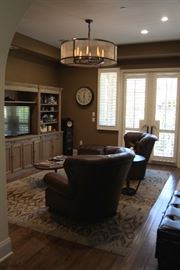 Pair (2) Restoration Hardware CHURCHILL Leather Chairs and Ottomans, Rug, Sony TV