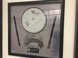 Framed Under Glass, Signed Bon Jovi Lost Highway Tour Original Drum Head & Drum Sticks