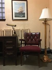 Tufted Back Armchair, Antique Lamp, Mission Style Desk, Desk Lamp