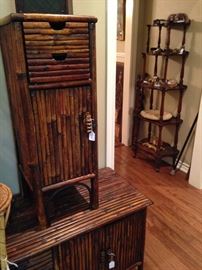 Bamboo chest and small cabinet; 5 tiered display shelf with paper weight collection