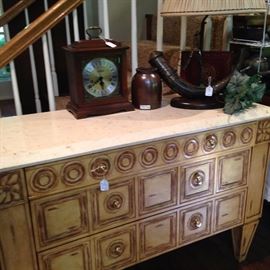 Marble top buffet; Howard Miller mantel clock
