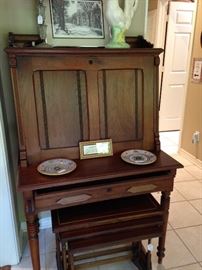 Antique secretary; 3 stack tables below