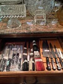 Fostoria square cake plate; cutlery