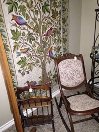 Bird tapestry; antique rocker