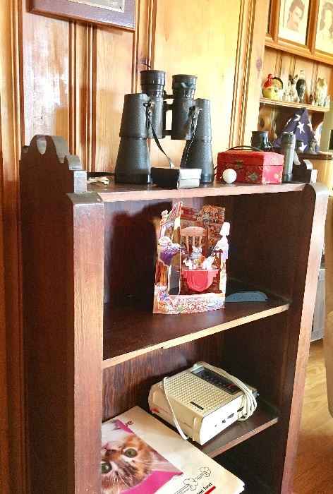 vintage shelf with knick knacks ~ vintage greeting card old cassette and more