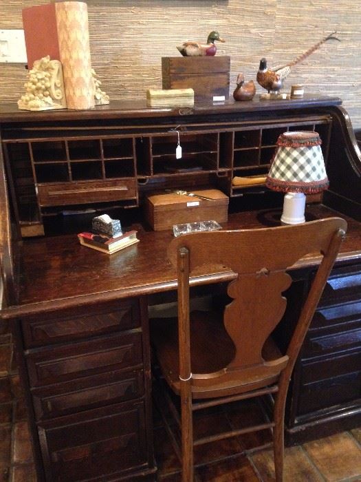 Antique roll top desk (as is); antique chair