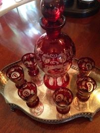 Antique decanter & 8 glasses in red