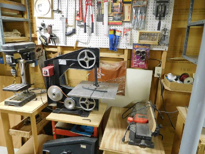 joiner, band saw, drill press, hand tools and misc on wall