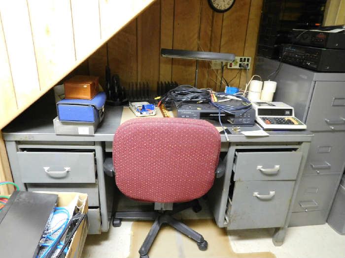 gray  metal   desk,office  chair,stereo  equipment