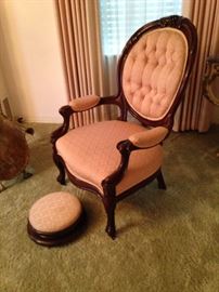 Antique parlor chair and foot stool