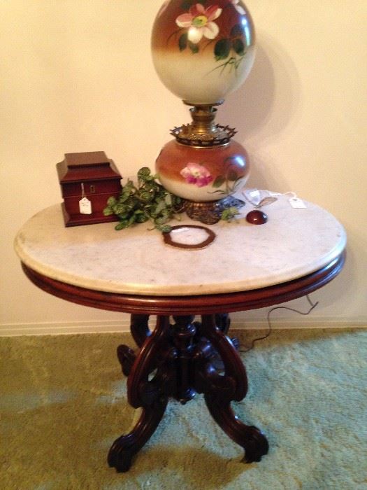 Antique marble top table; "Gone with the Wind" lamp