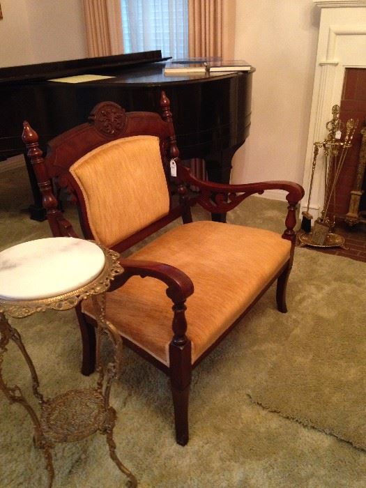 Antique settee and plant stand (baby grand piano - not included in the sale)