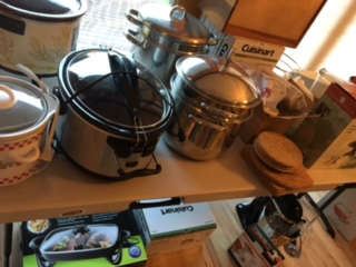 three different crock pot sizes, various quality pots n pans, cooking and baking
