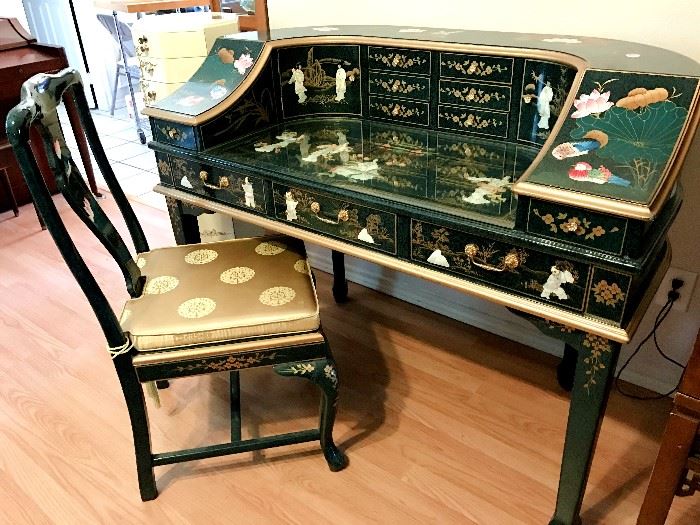 Quality carved oriental desk with matching chair