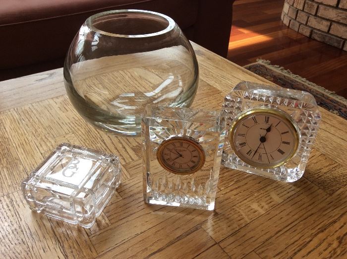 Glass bowl & Waterford Clocks