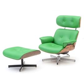 Eames Style Lounge Chair and Ottoman: An Eames style lounge chair and ottoman, having a laminated walnut shell, upholstered in a green vinyl. The ottoman has a black, four leg base, the chair has a chrome, five legged base, likely assembled.