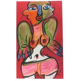 Peter Keil Original 1984 Oil on Masonite "Dancing House Wife": An original 1984 abstract oil painting on masonite by well-listed German painter Peter Robert Keil (born 1942), titled _Dancing House Wife. This bold work depicts an abstracted female nude, playfully stylized and rendered in jewel-toned glazes and thick black outlines against a sensual pink backdrop. Artist signature is signed and dated in black paint to the lower right. Verso is marked with title by the artist. A certificate of authenticity is attached tp the verso. This work is unframed, awaiting presentation of choice.