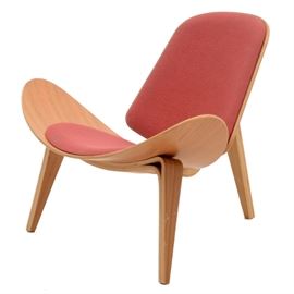 Kardiel "Tripod" Armchair: A contemporary retro “Tripod” armchair by Kardiel. It has a layered plywood frame, and fabric upholstery in a light reddish-pink which Kardiel terms “Urban Coral”. True to its name, it stands on three tapering legs, two in the front and one in the back.