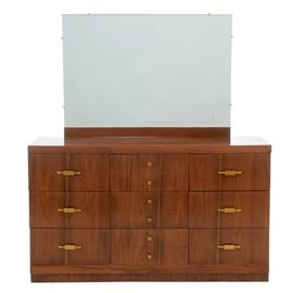 Mid-Century Dresser with Mirror: A Mid Century Modern style dresser. The dresser features a total of six drawers with brass tone pulls. Includes a mirror with a beveled edge which sits on the top, with wood supports that screw into the back. This piece comes in a matching set of furniture with item numbers 17CIN170-134, and 17CIN170-157.