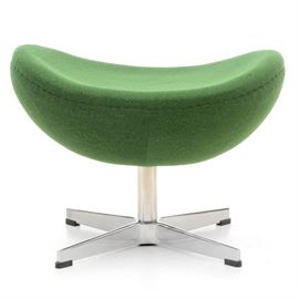 Modernist Footstool in Green: A contemporary modern footstool. It has a slightly concave top with a sunken center and raised sides, upholstered in green wool, on a chromed metal swivel base with four legs in an X configuration. Unmarked.