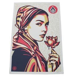 Shepard Fairey Signed 2016 Giclée "Natural Springs": A 2016 signed open edition giclée on cream speckled paper by well-listed and world-renowned American street artist, Shepard Fairey (California/South Carolina; born 1970), titled Natural Springs. The image depicts a stunning portrait of a working-class woman wearing a head scarf, staring impassively directly at the viewer as she holds a lotus flower dripping in thick dark liquid, reminiscent of blood. To the upper right, an oil rig resides within a circular flame logo, and to the lower left is the OBEY star logo. Artist signature is signed and dated in pencil to the lower right. The print is presented without matting or framing, awaiting your choice of presentation.