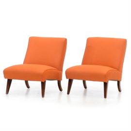 Mid-Century Modern Armless Lounge Chairs: A pair of mid-century modern armless lounge chairs. The chairs are upholstered in an orange nubby fabric with welted trim, being supported on tapered wooden legs. Unmarked by maker.
