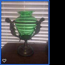 No markings on this, antique mixed metal stand with glass vase