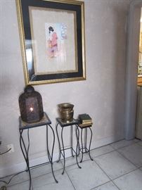 Mikulas Kravjansky Ltd. Edition Etching             "Oriental Princess 2"; Three Tile Top Iron Nesting Tables; Very Cute Metal Electric Lamp and Brass Pot