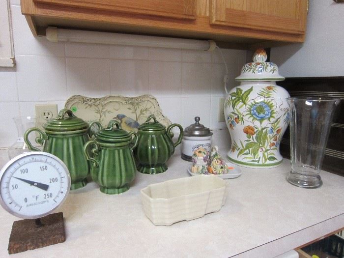 Large Beautifully Painted Italy GingerJar; Crystal Vase; Teapot/Cannisters; Pewter Lidded Tea Crock from Ethan Allen; Footed Bird Tray; Old Planter; Ashcroft Thermometer