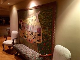Huge painting entitled "The Kiss" 
Mahogany eagle head chairs, tapestry cross leg bench 