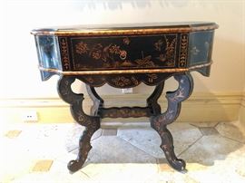 Pair of exquisite chinoiserie end tables with hand painted birds in paradise motif 