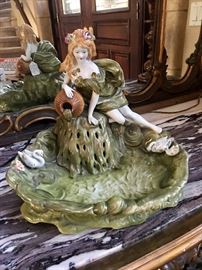 Antique porcelain maiden lamp in pond with swans lamp 