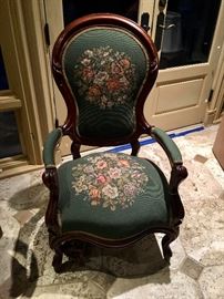 Antique Victorian parlour chair with handmade needlepoint upholstery 