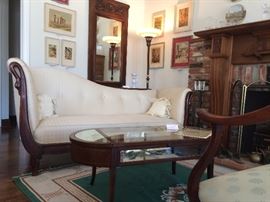 Romantic Swan Sofa with Damask Upholstery and Art Deco Style Cocktail Table with "Show Off" Shelf for  Collectors