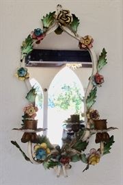 Vintage Small Glancing Mirror with Tole Flowers and Candle Holders 