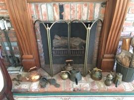 Hearth Full of Vintage and Antique Tea Kettles;  Also Spanish Stirrups