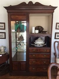 Mirrored and Lined Display and Storage Cabinet with Burl Veneer on Drawers