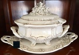 Large Italian Tureen and Handled Underplate/Platter with Handmade Floral Decoration  on Top