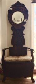 Antique Oak HallTree with Beveled Mirror, Storage Seat and Cowhide Cushion