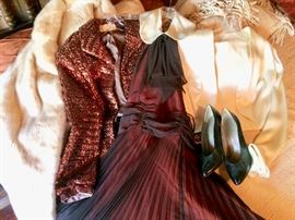 1970's Long Pleated Dress with Satin Jacket; Sequin Jacket for Saks Fifth Ave.; Tourmaline Mink