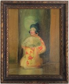 1930's Oil Painting of Chinese Girl with Fan