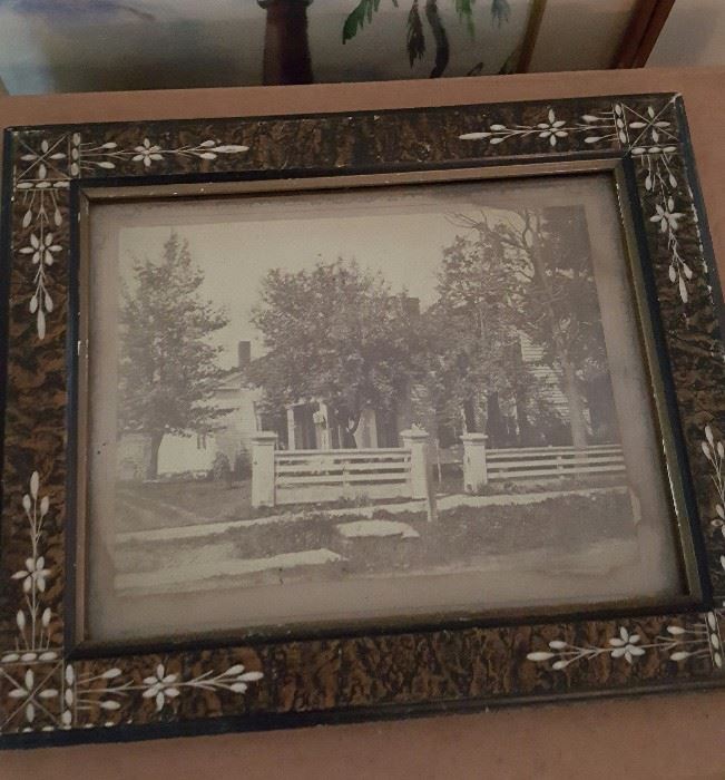 inlaid marquetry framed photograph of farmhouse from upstate New York