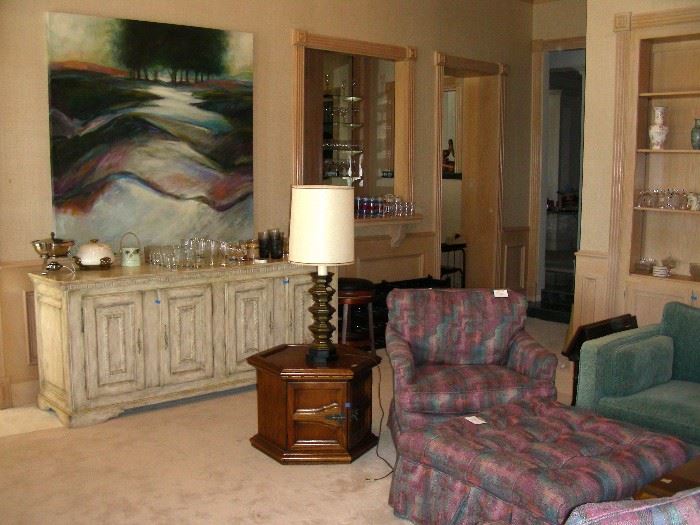 Pair of plaid upholstered chairs and oversized ottoman, comfy sofa, Joe Sambataro art